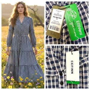 New CEFINN Suki Seersucker Long Dress Ruffle Sz 16 Blue Prairie Cottagecore NWT